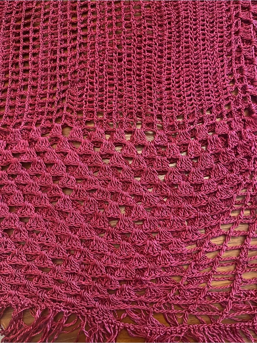 Antique Hand Crochet Burgundy Fringe Tablecloth
